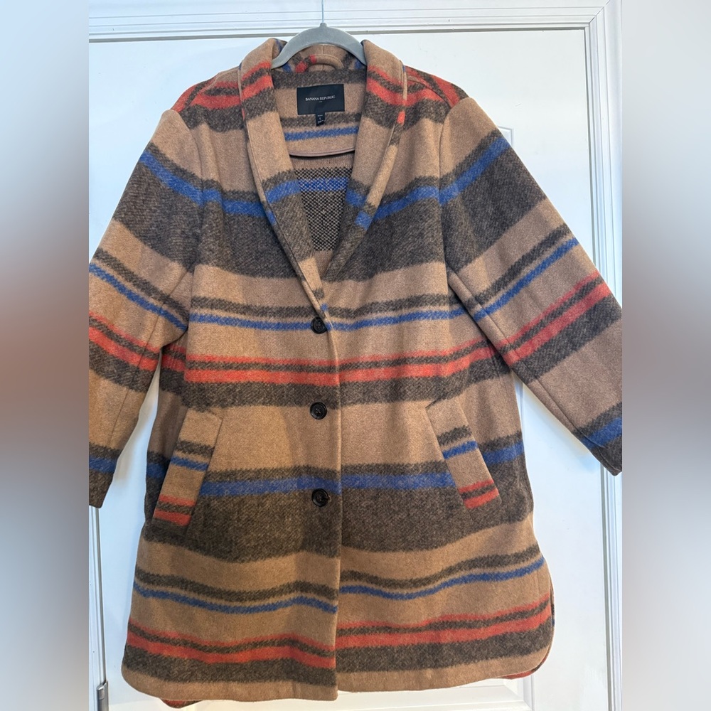 Banana Republic Factory Striped Tan and Blue Pea Coat
